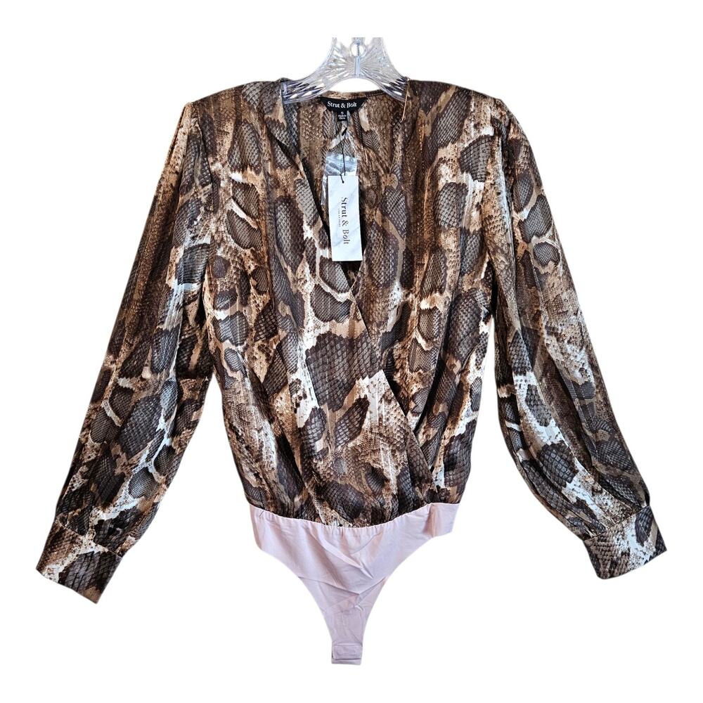 STRUT & BOLT Women S Blouse Bodysuit Animal Print Brown Cream Gold Glam 36" NEW